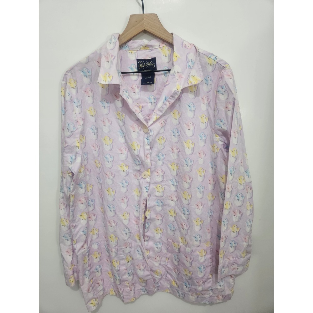 Nick & Nora Pajama Shirt XL Lavender Cotton Hatching Chick Print Long Sleeve Top